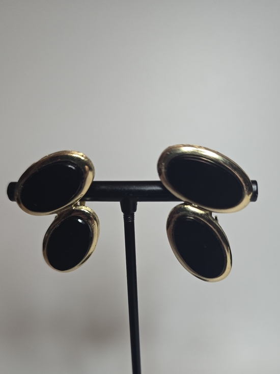 earrings Jewelry - Gold and Black Oval Drop Earrings - Classic Women's Jewelry